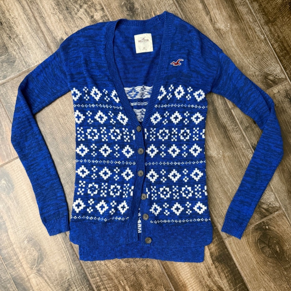 Hollister California Y2K Fair‎ Isle Winter Geo Print Cardigan Sweater,Blue,XS